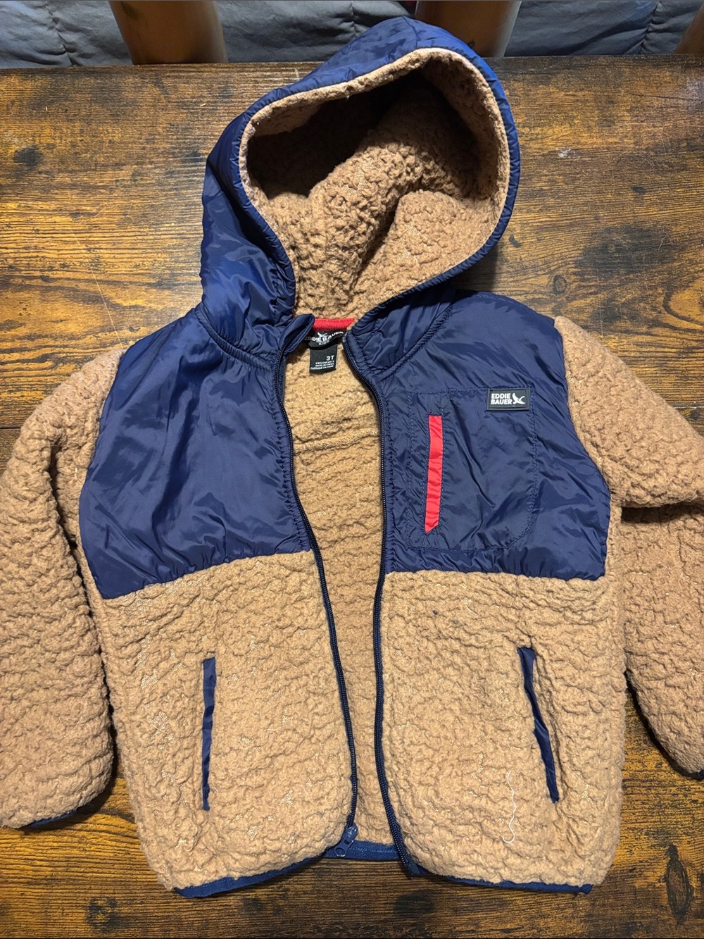 Eddie Bauer Tan Sherpa Jacket with Navy Hood and Panels